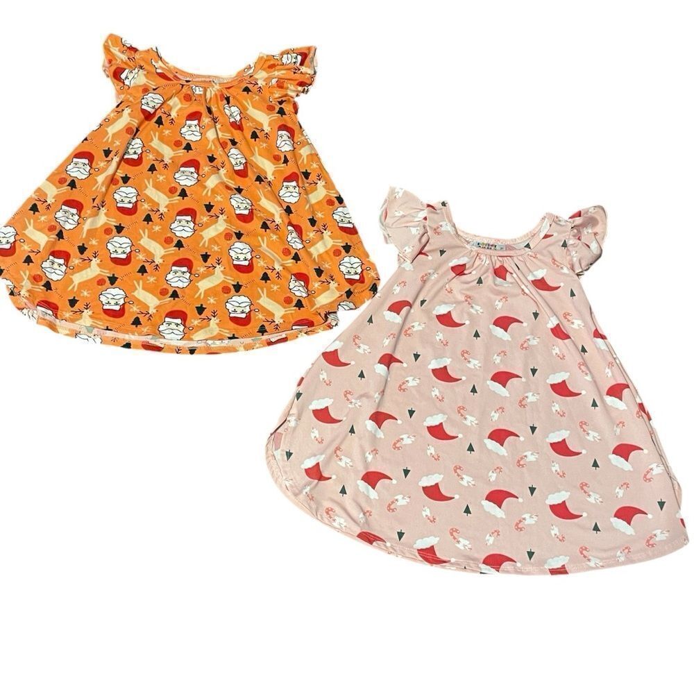 Dot Dot Smile 2 Holiday Dresses Santa Hats Santa and Deer Pink Orange Size 2T